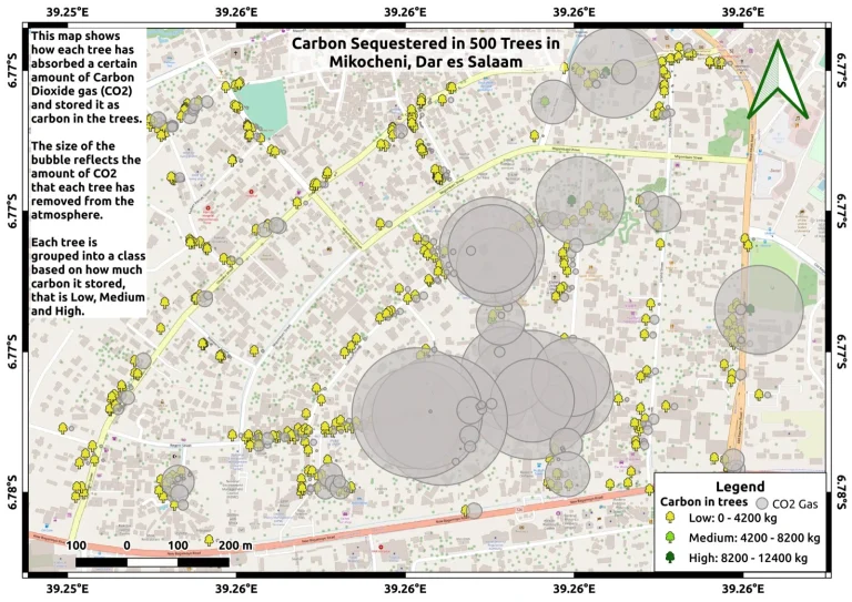 Map of carbon sequestered by 500 trees in Mikocheni, Dar es Salaam