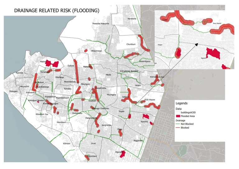 Visualization of drainage bottleneck locations, Zanzibar town