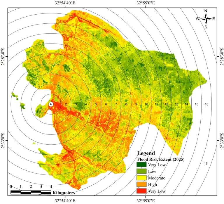 Flood risk and extent map of Mwanza City for 2025 produced by the GeoAdaptive Mappers