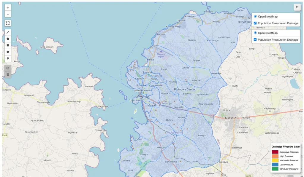 Interactive ward map of Mwanza classifying drainage pressure from excessive to very low