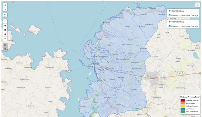 Interactive ward map of Mwanza classifying drainage pressure from excessive to very low